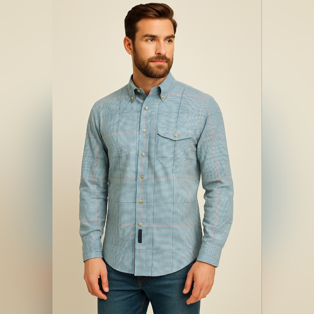 VINTAGE GANT Foxhunt Plaid Button Down Shirt L Blue 80s 90s Cotton Blend